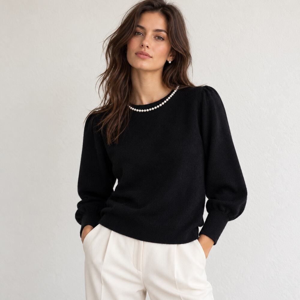 The Cashmere Project Pearl Beaded Crewneck Knit Sweater Balloon Puff Sleeve LRG
